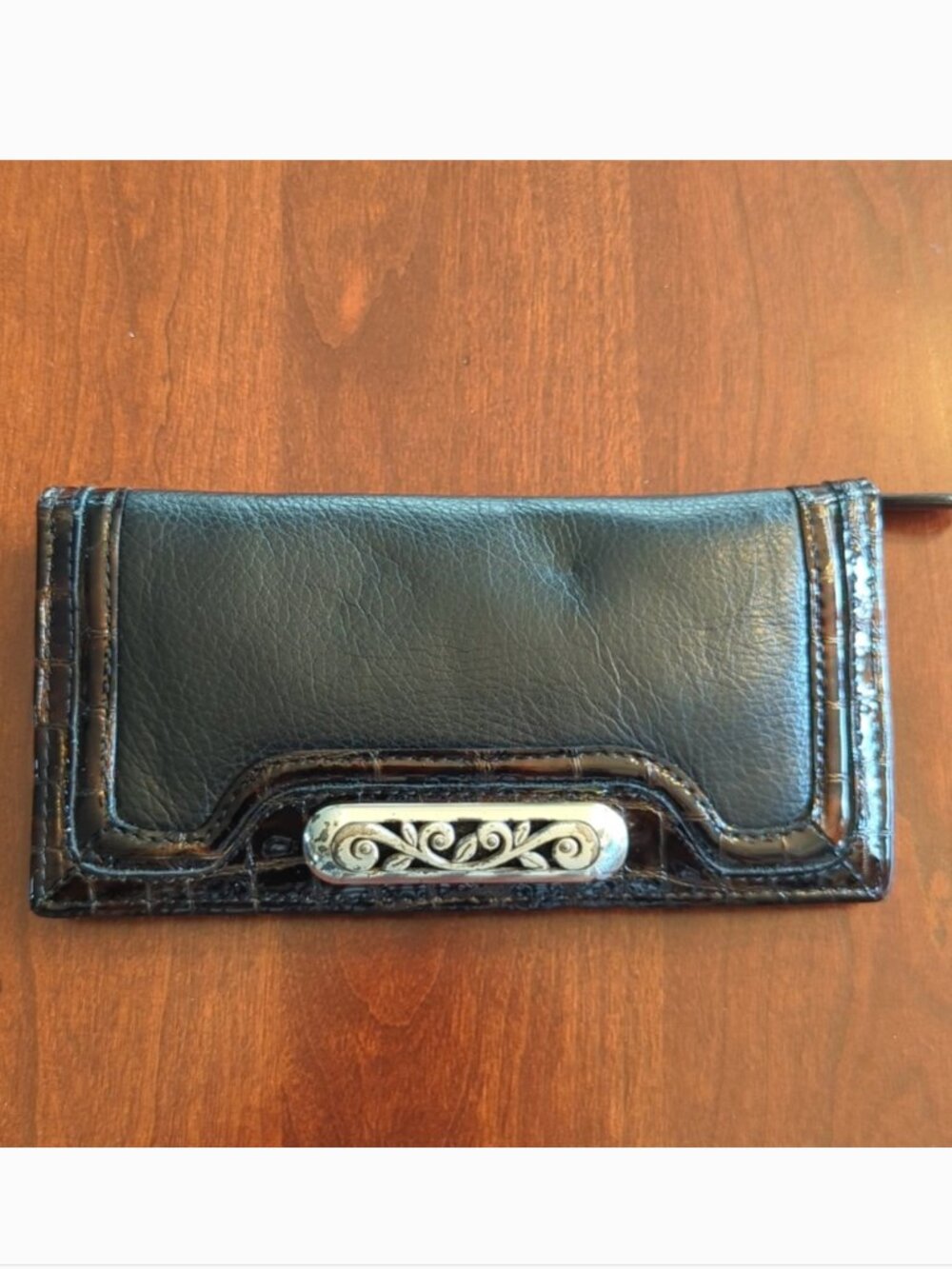 Brighton black leather wallet with chocolate brown "croc" trim